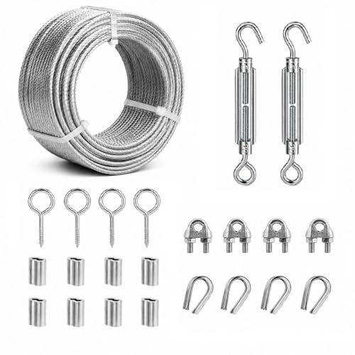 Hannger 1/8 Wire Rope Kit, 50FT PVC Coated Steel Cable with Tensioner, Garden Plant Support, Clothesline, String Light Cable, Stair Handrail, Ground Anchors