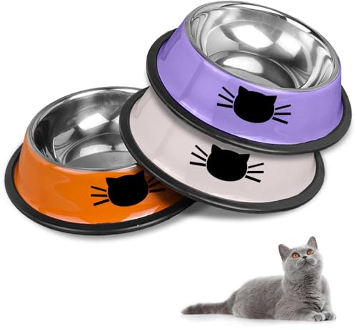 Set di ciotole per gatti, ciotole antiscivolo in acciaio inossidabile, ciotole per cibo per gatti, ciotole per acqua, grandi ciotole per gatti e ciotole per bere per animali domestici (Grigio+Arancio+