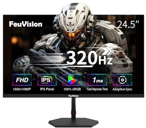 FeuVision 24.5 Zoll Gaming Monitor, up to 320Hz 240Hz, FHD 1080p, PC Monitor, 1ms, IPS Panel, Adaptive-Sync, FreeSync, VESA montierbar, Eye-Care, 100% sRGB, Rahmenlos Bildschirm, HDMI*2, DP*2