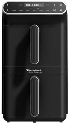 TurboTronic Heißluftfritteuse XXL - 11L vertikale Doppelkammer AirFryer 2 x 5,5L DualZone 2 Ebenen XtraSlim Design Heissluftfritteuse 6 Programme inkl. Silikoneinlagen fettfreies Frittieren ohne Öl