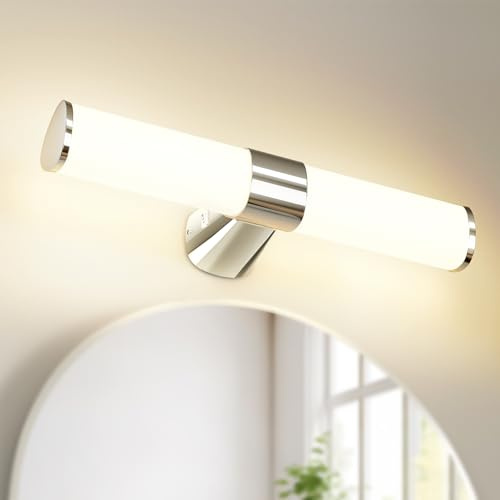 PRINCEWAY Lampara Aplique de Pared LED para Espejo de Baño, IP44 Impermeable, 40CM de Ancho Lámpara de Cromo Plateado, 8W 800Lm No Regulable, 3 Niveles de Colores de Iluminación Opcionales