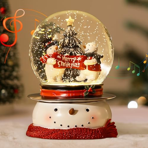 Lewondr Christmas Snow Globe, Battery Powered Xmas Snowy Globe Snowmen Holding Merry Christmas Banner, Snow Lantern Christmas Decoration for Home Bedroom Fireplace