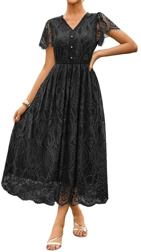 GRACE KARIN Women's Short Sleeve Autumn Blouse Dress Elegant Flared Lace Dress CL343-01 S Black