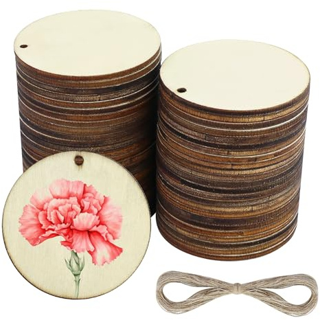 50 discos de madera con agujero para manualidades, 5 cm, redondos, pequeños colgantes de madera, redondos, con cuerda para manualidades