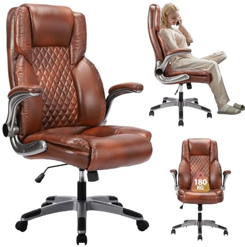 Centilab Ergonomischer Bürostuhl 180KG,schreibtischstuhl mit Hoher Rückenlehne und Breite Sitzfläche-,Hochklappbarer Armlehne,Drehstuhl aus Leder für Home Office & Büro