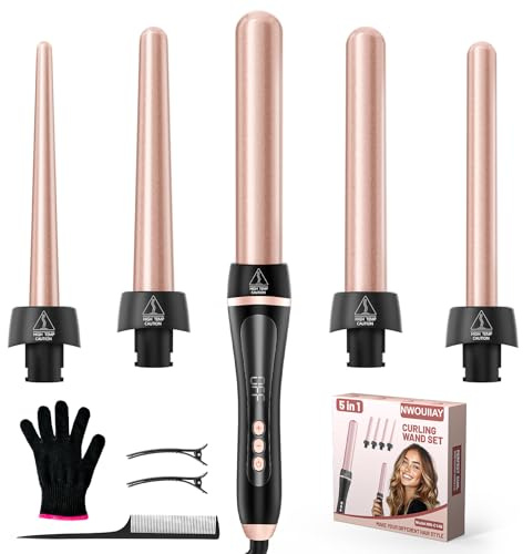 NWOUIIAY Ferro Arricciacapelli 5 in 1 Set Arricciacapelli Ceramica con Temperatura Regolabile 80°C - 230°C e Display LCD Piastra Onde per Capelli con 9-32mm Ferri di Diverso e Spegnimento Automatico
