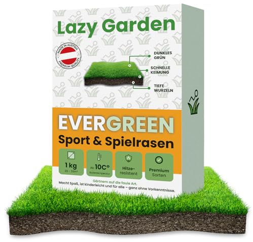 Lazy Garden Evergreen Premium Rasensamen 1 kg für 30 m²| hitzeresistenter Spiel- & Sportrasen | schnelle Keimung ab 10 °C | dicht, strapazierfähig & regenerationsstark | für Neu- & Nachsaat