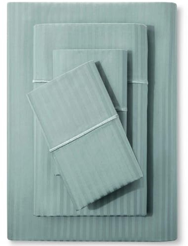 Feather & Stitch 500 TC Queen Size Bed Sheet Set, 100% Cotton Soft Breathable Bedsheets 4 Piece 18 Deep Pockets Sateen Weave Striped Bedding Mattress Resort Hotel Luxury - (Granite Green Stripe)