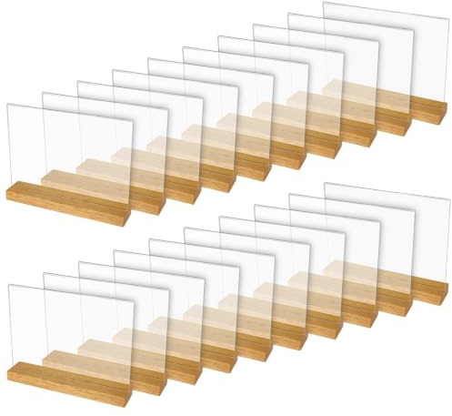 HMF bordsstativ i akryl i DIN A4 liggande format, bordskortshållare med massivt träfot av ek, 20 stycken, T-stativ, glasklar