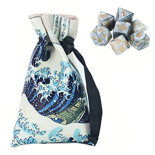 QIELIZI DND Würfelbeutel, PU-Leder Drachen-Würfelbeutel mit 7 Stanzschablonen, perfekt für Dungeons und Dragons RPG D&D Würfeln, Münzen und Zubehör (riesige Welle)