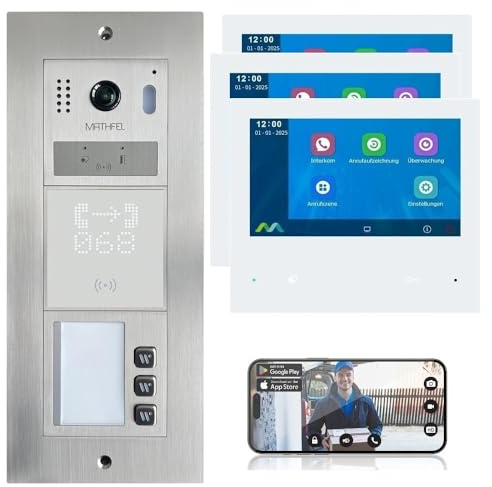 Mathfel 2-Draht-Bus Video-Türsprechanlage – Modulares Komplettsystem mit Innenmonitor(en), WLAN optional, Fingerprint/RFID/Gravur verfügbar (RFID, 3 Klingeltaster (3 x Monitore))