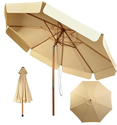 COSTWAY Sombrilla de Ø300cm de Madera Parasol de Jardín Inclinable Sombrilla de Manivela para Playa Jardín Piscina Terraza (Beige)