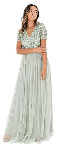 Maya Deluxe Damen Ballkleid Abendkleid V-Ausschnitt Maxi Länge Pailletten Kurze Ärmel für Hochzeit Geburtstag Brautjungfer Bridesmaid Dress, Green, 34
