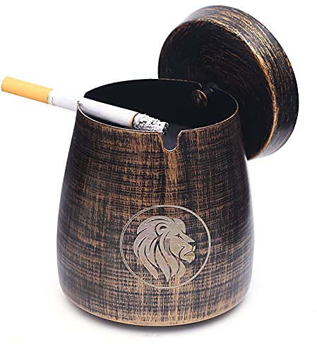 SUNNEKO Ashtray with Lid Windproof Smell Proof, Cool Cigarette Holder, Ash Bucket, Desktop Smoking Ash Tray for Outdoor Indoor Use, Garden Home Office Kitchen Decoration, Vintage Colours, Lion