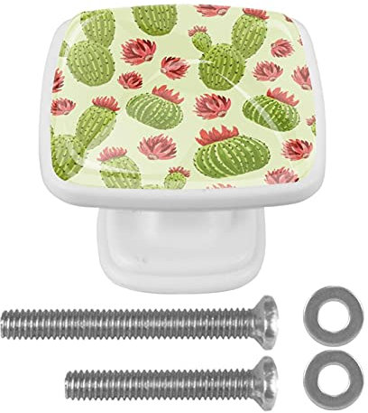 BestIdeas Cactus Green Pattern Red Paint Prints 30MM Square Drawer Knobs 4PCS Kitchen Cabinet Knob Handle Pulls for Cupboard Wardrobe Dresser Door Furniture Home Decor