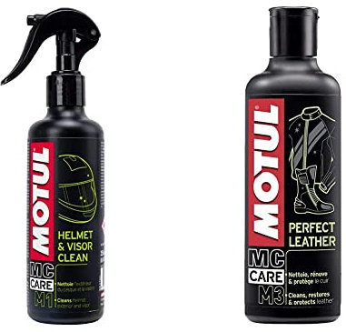 Motul 102992 M1 Helmet and Visor Cleaner, 250ml Volume, Transparent & 102994 M3 Perfect Leather - Black