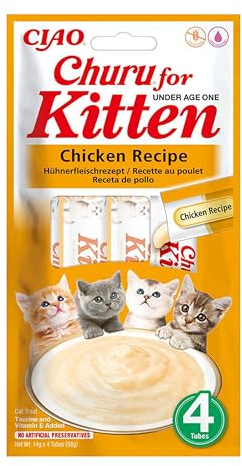 Churu Katzensnacks für Kätzchen Kitten - gesunde Leckerlies für Junge Katzen unter 12 Monaten, Huhn (4 Stück x 14g)