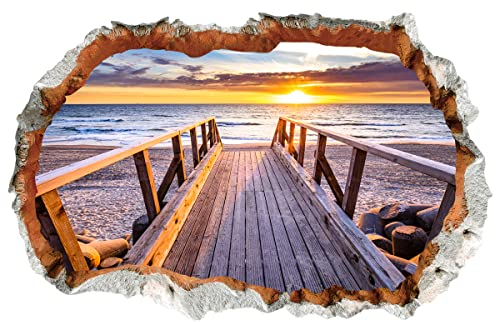 WandSticker4U®- 3D Wandtattoo STEG ZUM MEER I Wandbild 90x60 cm I Wandsticker Strand Sonnenuntergang Poster I Wand Durchbruch Deko für Wohnzimmer Schlafzimmer Küche Flur Bad Aufkleber