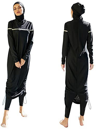 Odizli Maillot de bain musulman pour femme Burkini islamique à manches longues Hauts de natation avec soutien-gorge intégré + Short de bain + Hijab 3 pièces Maillot de bain couverture complète, Noir