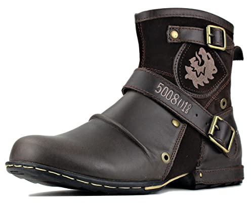 Botas de moto para hombre, botas vaqueras occidentales de moda con cremallera lateral y hebilla de cuero, botas chukka casuales, zapatos antideslizantes vintage, botas de tobillo para motocicleta de