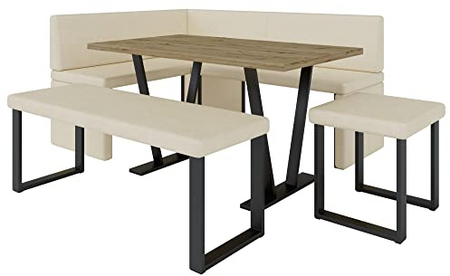 Eckbank Akiko Metal mit Tisch und Bänken - Eckbankgruppe für Ihrem Esszimmer, Küche modern, Sitzecke, Essecke. Perfekt für Küche, Büro und Rezeption. Solide Verarbeitung (Soft 18, 168x128 Links)