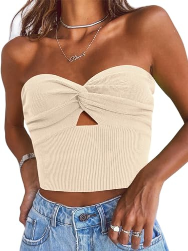 EFAN, Camiseta de Tubo sin Tirantes con Nudo Torcido Delantero para Mujer, Bandeau de Tipo corsé, de Punto Acanalado, Beige, XS