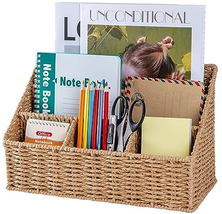 DINGTAI Organiseur de bureau en rotin, support de courrier de table, panier de comptoir à 5 emplacements, fournitures de bureau en rotin, accessoires de bureau bohème, organisateur de bureau en osier