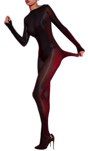 RUIBAVYA Medias Sexy Mujer Lenceria Bodystocking Sheer Medias de Aceite Brillante Catsuit Nylon Medias Entrepierna Abierta