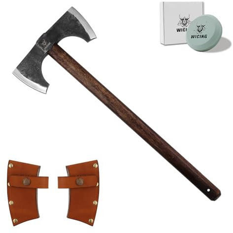 WICING Splitting Axe, 23.6 Inch Double Bit Axe, Beech Handle with Leather Sheath, for Chopping, Splitting Wood or Axe Throwing