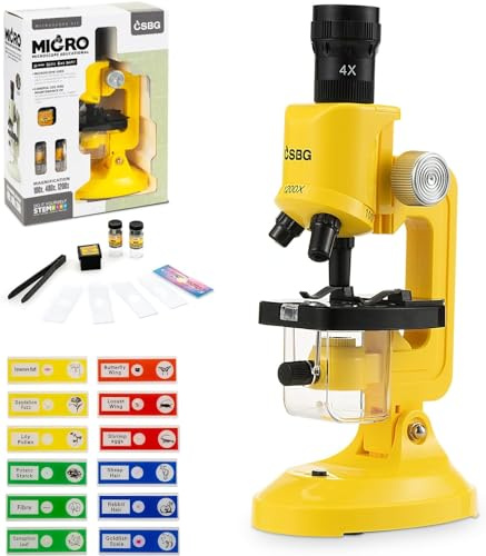 Kids Microscope, Microscope for Kids Portable Microscopes Kid Educational Science Kit for Kid Beginner Microscopes 100X 400X and 1200X Incl Sample Prepared Slides 12pcs Educational Toy, Yellow