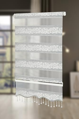 PlisseeOnline Doppelrollo Klemmfix ohne Bohren Grau Silber mit Muster und Perlen Duo Rollo für Fenster und Türen Plissee Rollo Gardine 80 x 150 cm Blickdicht Klemmrollo mit Perlen Seitenzugrollo