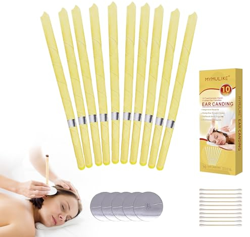 MYMULIKE 10 Stück Ohrkerzen, Ohrenkerzen aus Natürliches Bienenwachs, Ungiftige Ohrenkerzen Zur Reinigung Ohrenschmalz, 5 Schutzscheiben, 10 Wattestäbchen