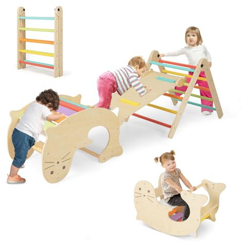 GOPLUS 6 en 1 Triangle d'Escalade Montessoi, Escalade Montessori Bois avec Échelle Triangle Pliable,Bascule Lion de Mer, Toboggan,Enfants de 3-14 Ans,Charge 60KG (Toboggan+Échelle+Bascule Multicolore)
