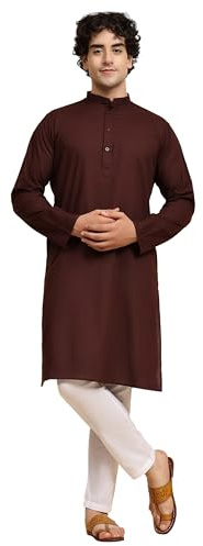 SKAVIJ Tunique en Coton pour Homme Kurta Pyjama Indian Yoga Casual Dress Set (Marron, 4X-Large)