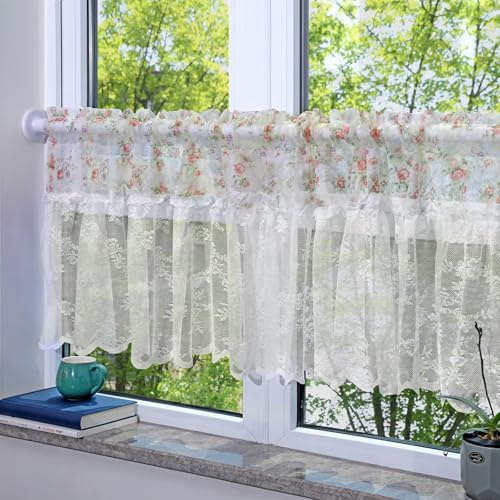 champracer Net Curtain Country House Style Short Curtain Pink Boho Short Vintage Lace Crochet Curtain Bistro Curtain Retro Elegant Cafe Short Curtain (1 Piece, W 200 x H 60 cm)