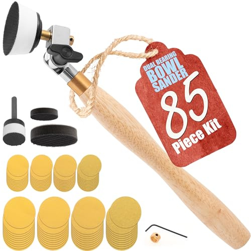Peachtree Woodworking Supply Bowl Sander Tool Kit - Dual Bearing Head & Hardwood Handle, 85 Piece Wood Sander Kit, 1 & 2 Hook & Loop Sanding Disc Sandpaper, 1/4 Mandrel