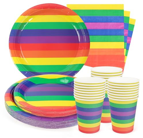 PARTY GO 96 Pcs Paper Plates for Dinner and Dessert, Rainbow Plates Party Supplies Pack for Theme Party Decorations