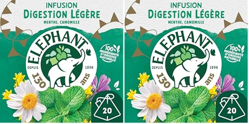 Elephant, Infusion Digestion légère, Goût Menthe, Camomille et Rooibos, Certifié Rainforest Alliance, Ingrédients d'Origine 100% Naturelle, 20 Sachets Pyramid (Lot de 2)