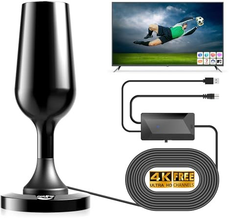 DGUPSP Antena TV Interior Potente, Antena TV Portatil con Base Magnética y Amplificador de señal, Recepción Envolvente de 360° con Cable de 3M, Compatible con HD 4K 1080P - Negro
