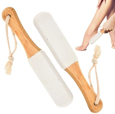 DAJING 2PCS Foot Files for Hard Skin - Natural Pumice Stone & Wooden Handle, Foot Scrubber & Exfoliator, Callus Remover, Pedicure Rasp (White)