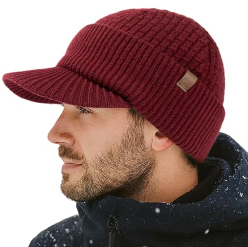 TOP-EX PolarWool™ XL/XXL 100% Merinowolle Schirmmütze Herren Großer Head, Winter Strickmützen Beanie Cap mit Visier, Warm Winddicht Wintermütze mit Fleecefutter für Running Hiking, Burgund