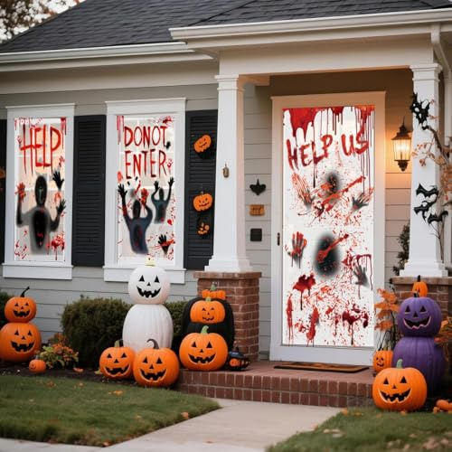 Large Size Bloody Halloween Decorations Stickers 5 Sheets Set, 1 Giant Spooky Door Cover, 2 Large Horror Window Stickers, 2 Scary Bloody Handprint Footprint Stickers, Halloween Party Decal