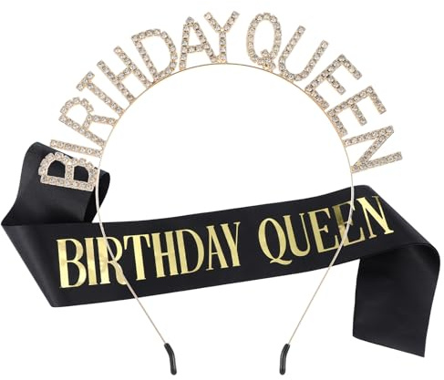 LIQWEI Birthday Crown Rose Gold for Women, Birthday Girl Sash & Birthdays Tiara for Women Set Queen Glitter Crown Rhinestone Headband Holiday Accessories(Gold)