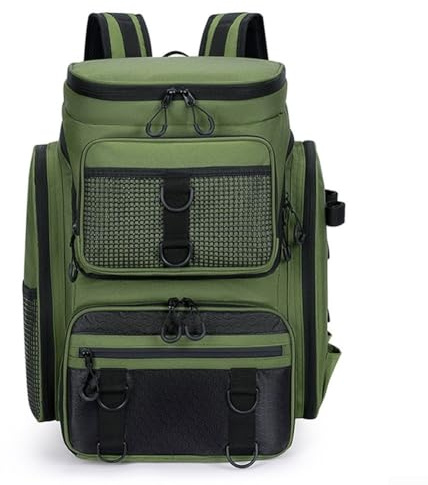 Mochila de pesca resistente al agua con soporte para caña y múltiples bolsillos de almacenamiento para camping, senderismo, uso al aire libre (negro)