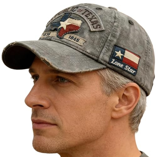 Generisk patriotisk keps – Texas flagga | Republic of Texas truckerkeps – vintage distressed basebollkeps, 1836, stjärnbroderi, justerbar nätbaksida, bomull, andas, unisex, retrohatt