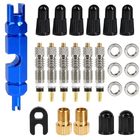 24 Pièces Kit Valve Vélo Presta avec Obus de Valve et Accessoires, Obus Presta Tubeless pour Vélo Route et VTT, Presta Valve Core, Set Complet avec Clé et Adaptateurs pour Entretien et Remplacement