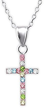 Collier avec croix pour enfant/adolescent en argent sterling et pierres de cristal coloré brillantes – 39 cm