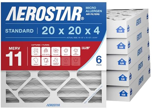 Aerostar 20x20x4 MERV 11 - 6 Count - Pleated HVAC, Furnace & Air Conditioner Filters - Removes Dust, Cold & Flu Germs, Lint, Mold, Pet Dander, Allergy-Causing Pollen, Smog & Smoke