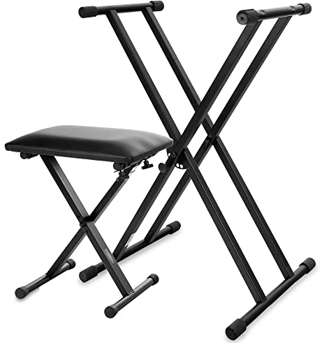 Classic Cantabile Keyboardständer und Keyboardbank Set - 5-Fach Verstellbares doppelstrebiges Keyboardstativ - Bequeme Sitzbank für E-Piano, Keyboard und Stagepiano - Schwarz