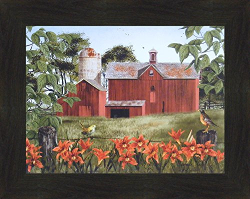 Summer Days by Billy Jacobs 16x20 Red Barn Robin Tiger Lilies Flowers Birds Fencepost Framed Folk Art Print (2 Espresso)